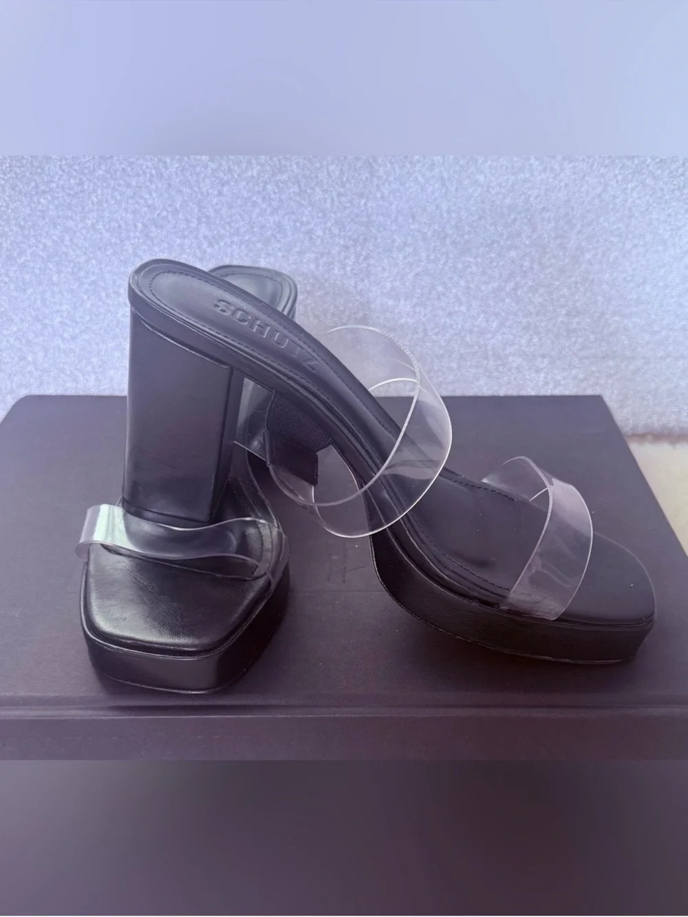 SCHUTZ Black Platform Mules with Clear Straps